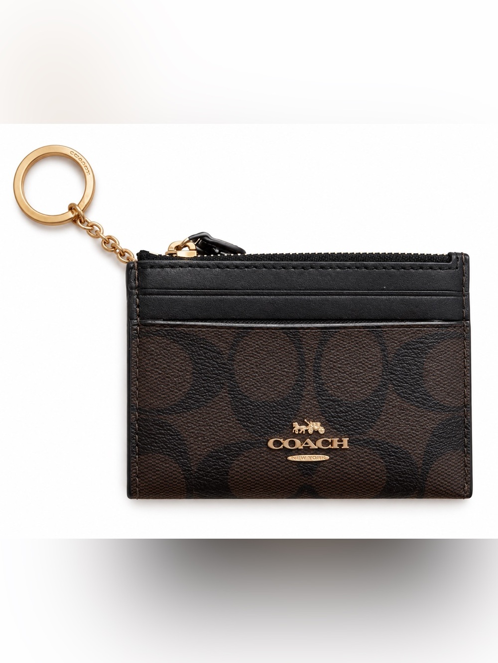 COACH Brown and Black Signature Card Pouch with Gold Hardware